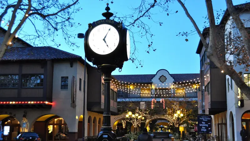 Downtown Concord clock and plaza streetscape.