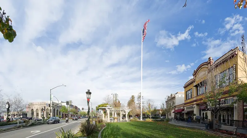 Downtown Livermore flagpole and historic buildings.
