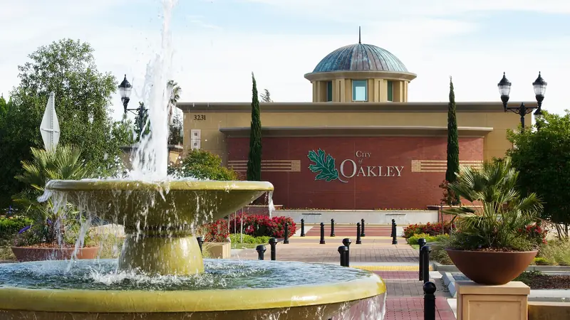 Oakley City Hall and civic fountain.