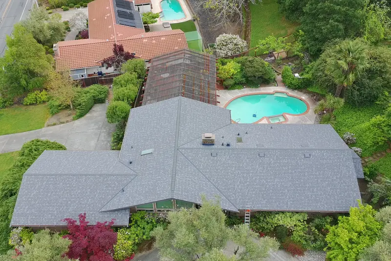 Aerial view of a finished Owens Corning Duration roof replacement on a single-story home in Moraga, CA