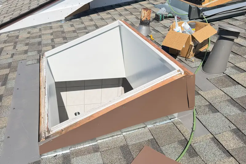 New metal flashing being fitted around a skylight curb on a shingle roof