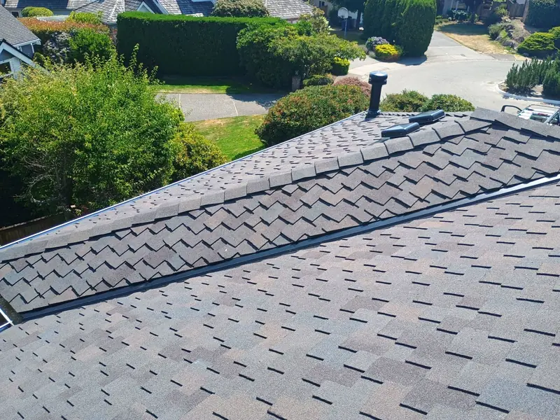 Thick shake-style shingles and ridge cap on a finished roof