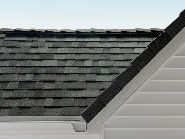 Gray shingles on a roof above white siding, against a clear sky
