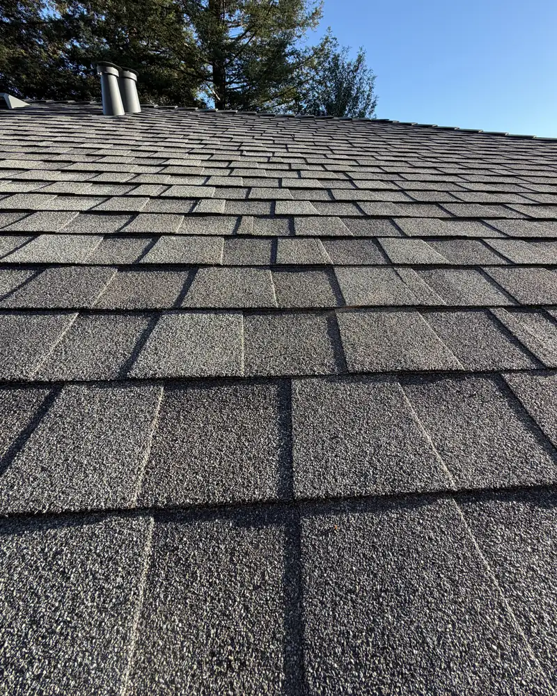 Close view of new dimensional shingles in rows up a roof slope